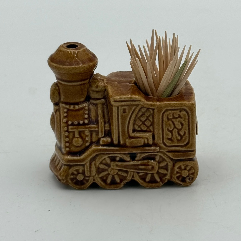 Vintage Ceramic Steam Engine Locomotive Toothpick Holder Brown Drip Glaze Train